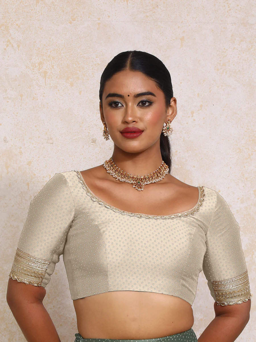 Navika x Tyohaar | Elbow Sleeves Oyster Grey Foil Chandheri Saree Blouse