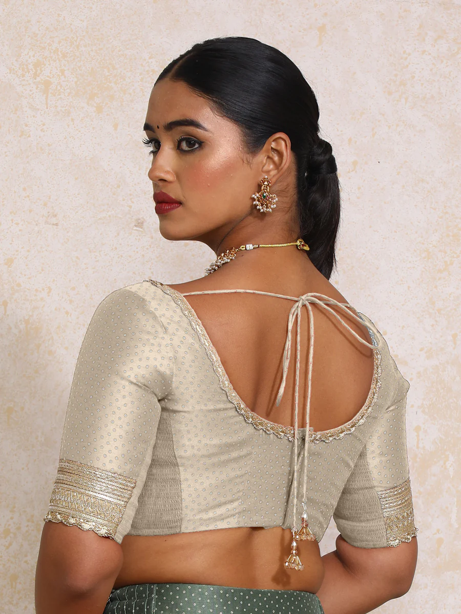 Navika x Tyohaar | Elbow Sleeves Oyster Grey Foil Chandheri Saree Blouse - Image 2