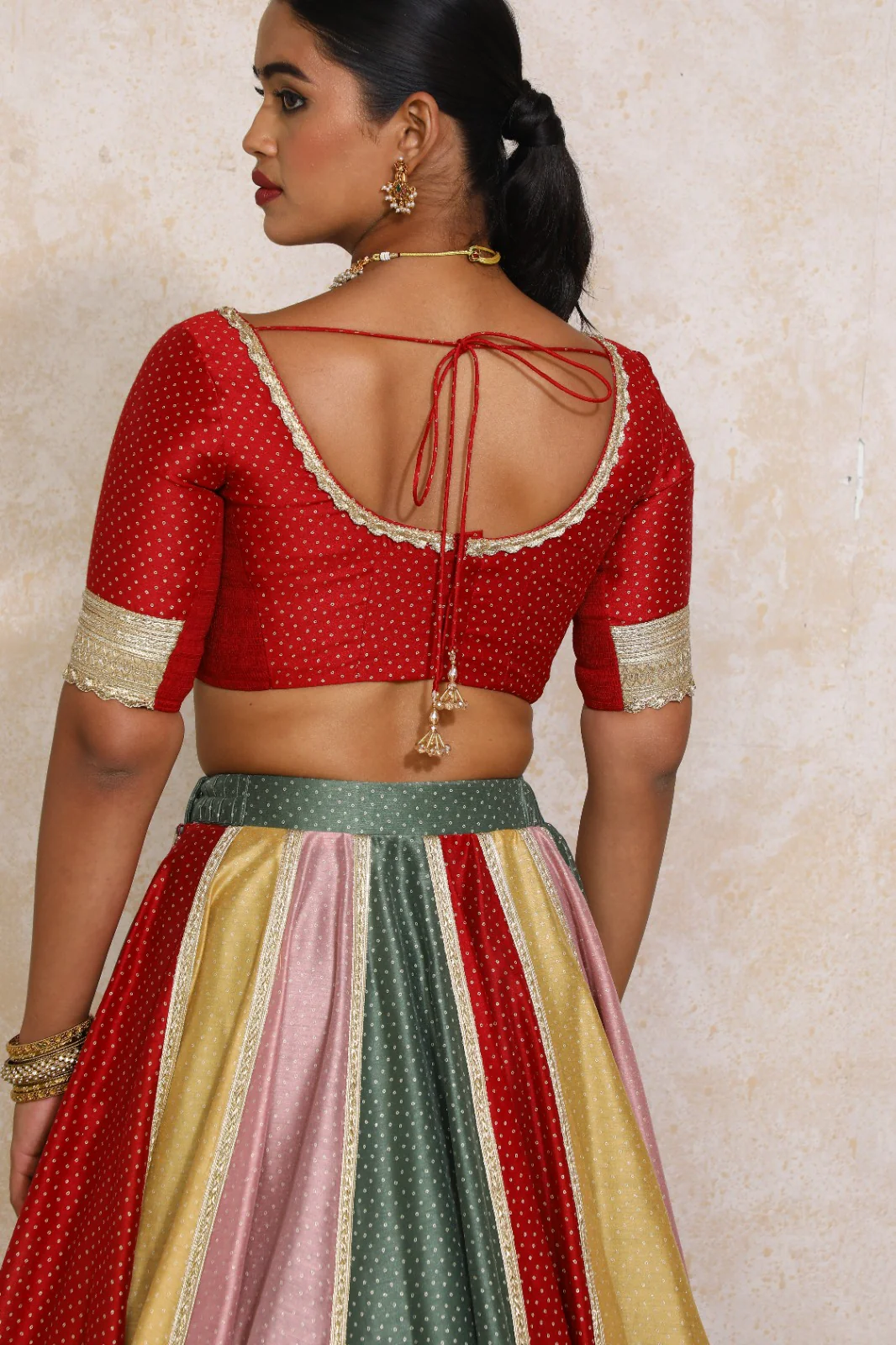 Navika x Tyohaar | Elbow Sleeves Red Foil Chandheri Saree Blouse - Image 2