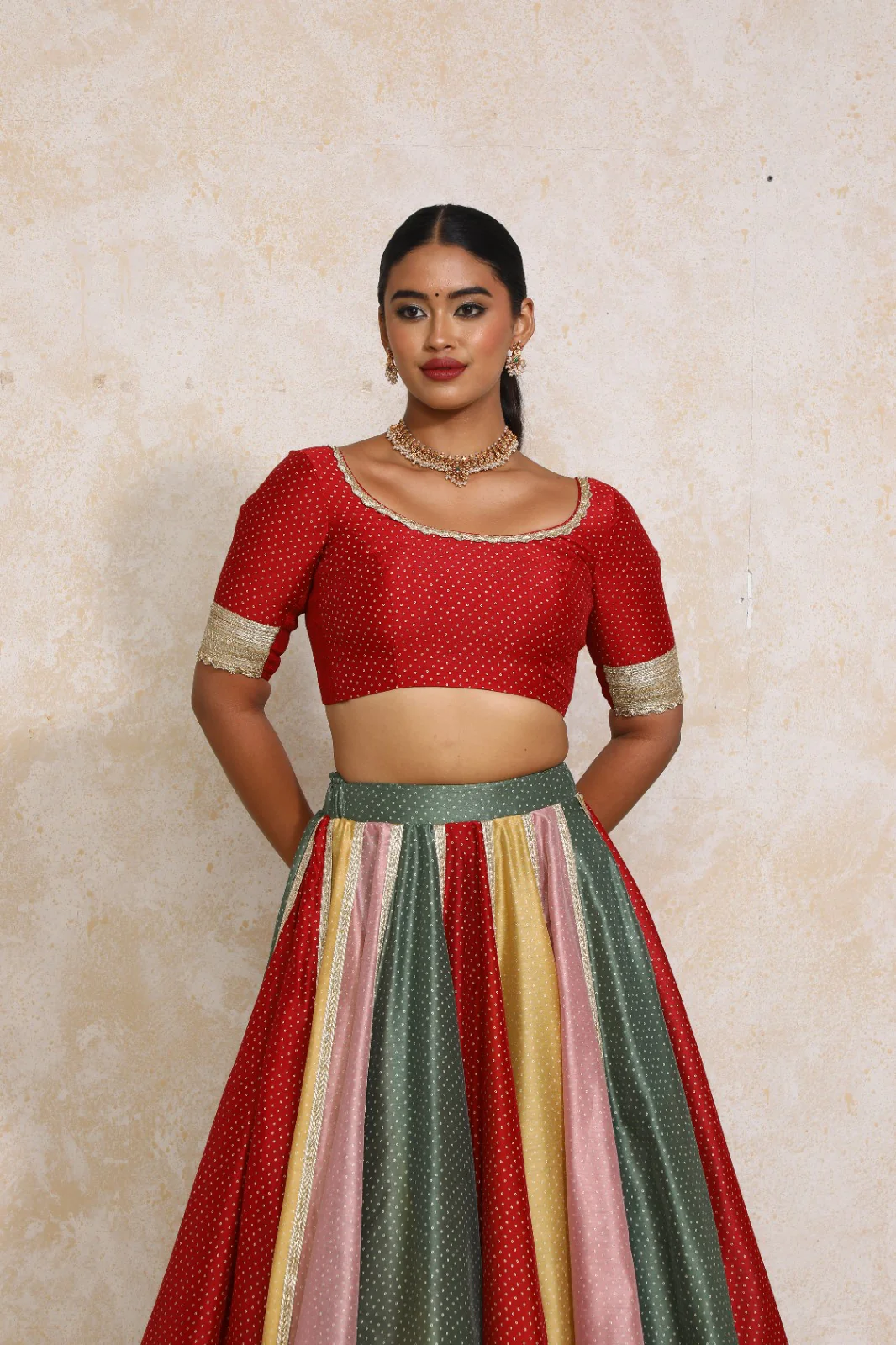 Navika x Tyohaar | Elbow Sleeves Red Foil Chandheri Saree Blouse - Image 6