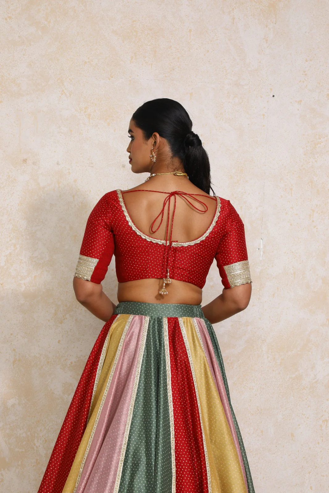 Navika x Tyohaar | Elbow Sleeves Red Foil Chandheri Saree Blouse - Image 9