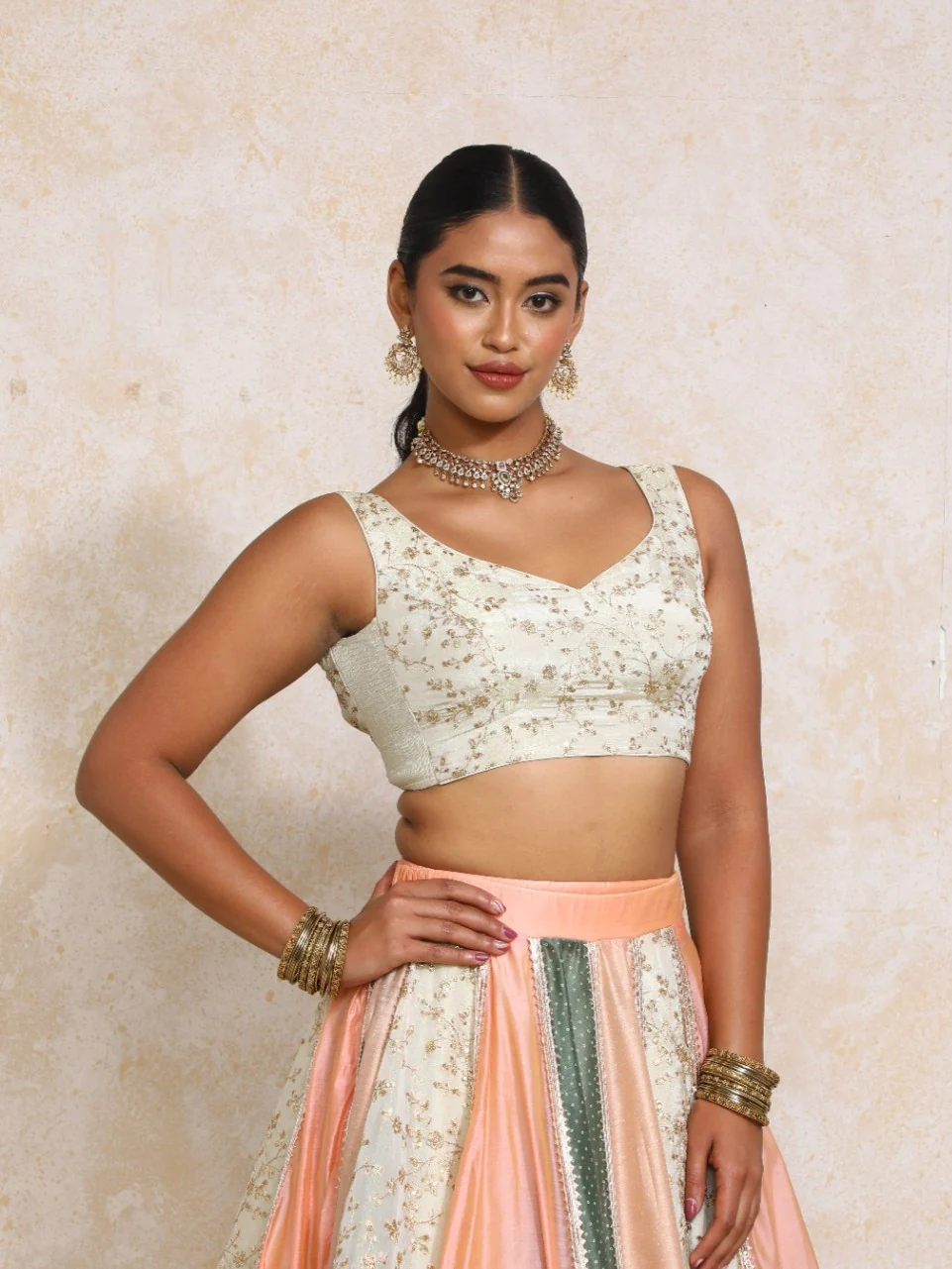 Nerina x Tyohaar | Sleeveless Cream Embroidered Tissue Saree Blouse - Image 5