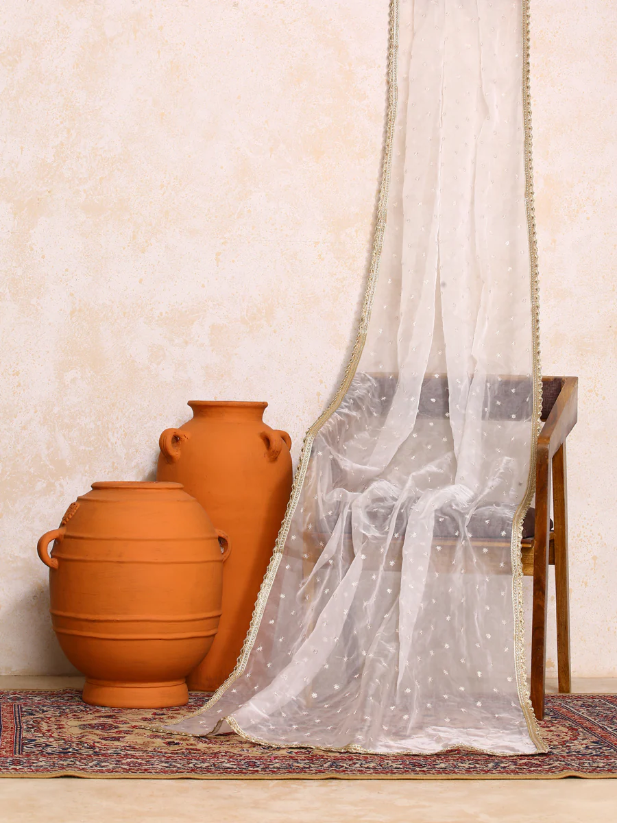 Neysa x Tyohaar | Sequined White Organza Dupatta - Image 4