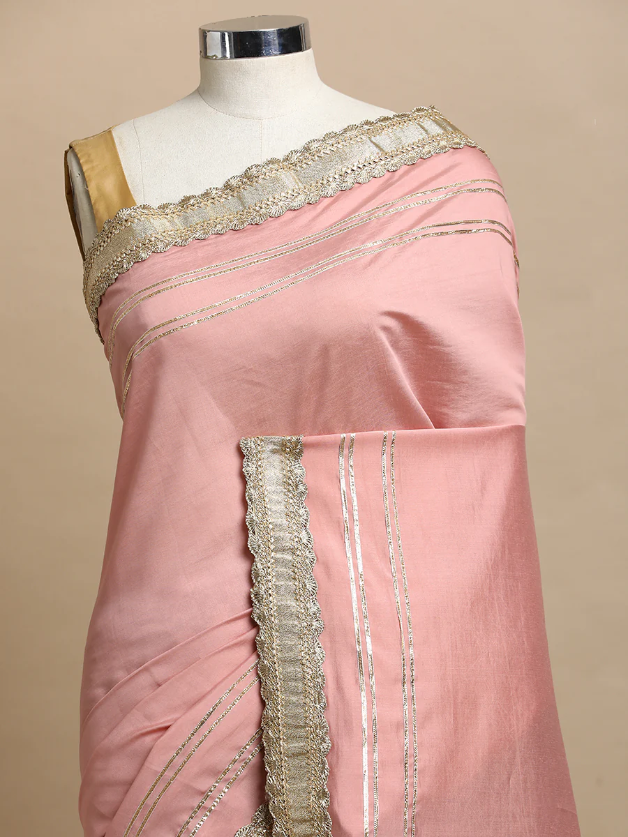 Nishita x Tyohaar | Meenakari Red Brocade & Sea Pink Viscose Saree With Gotta Work Designer Lace - Image 4