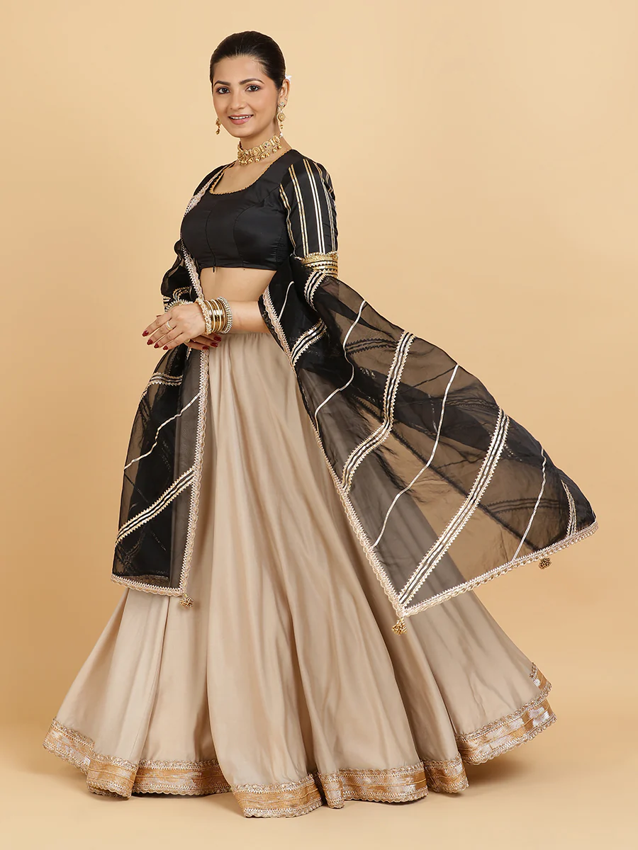 Zainab Aziza 4-Pc Lehenga Set x Tyohaar | Oyster Grey Lehenga, Charcoal Black Blouse with Chandni Black Dupatta and Cancan Skirt - Image 3