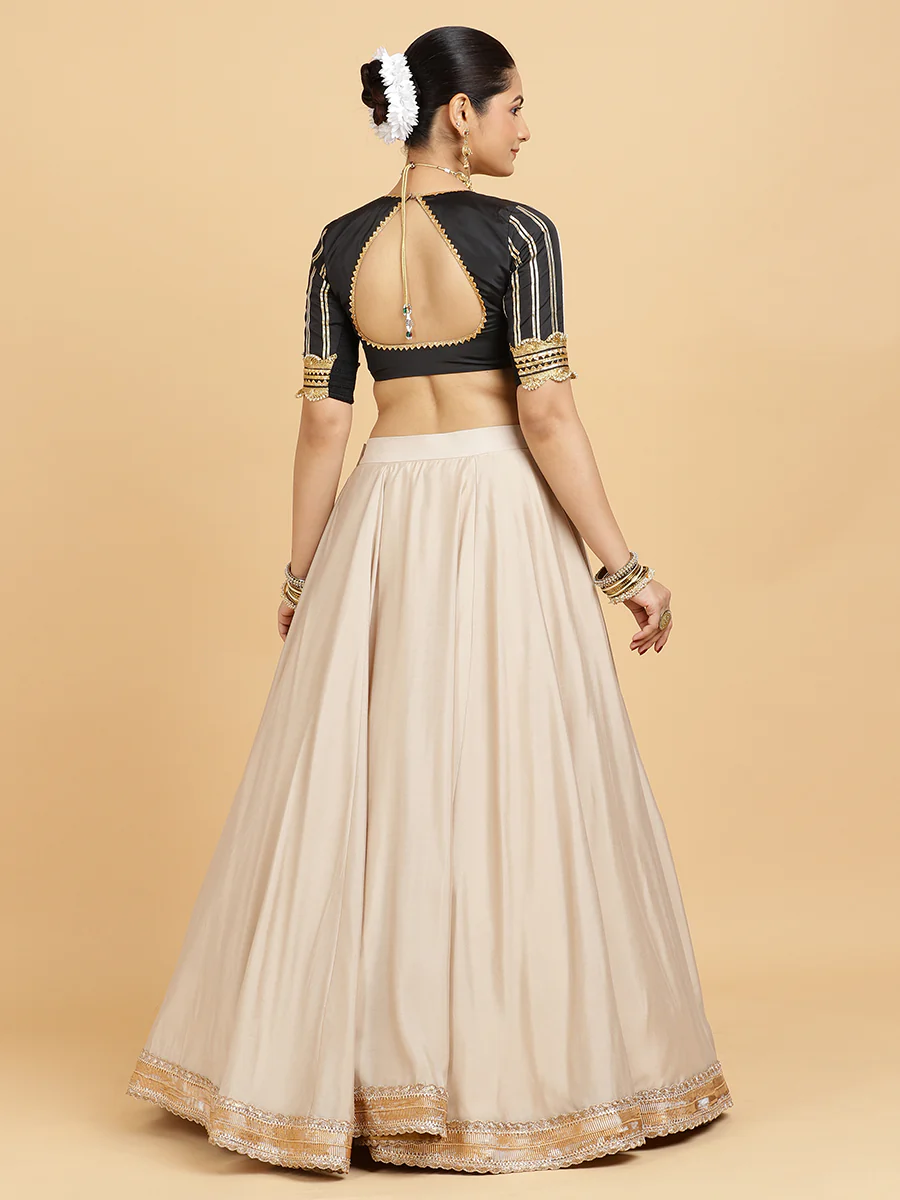Zainab Aziza 4-Pc Lehenga Set x Tyohaar | Oyster Grey Lehenga, Charcoal Black Blouse with Sunheri Gold Dupatta and Cancan Skirt - Image 12