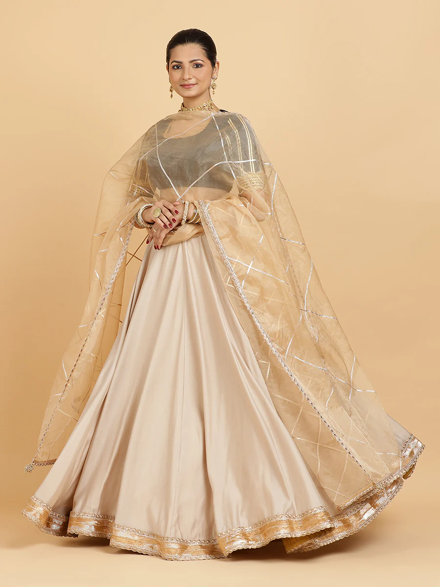 Zainab Aziza 4-Pc Lehenga Set x Tyohaar | Oyster Grey Lehenga, Charcoal Black Blouse with Sunheri Gold Dupatta and Cancan Skirt - Image 2