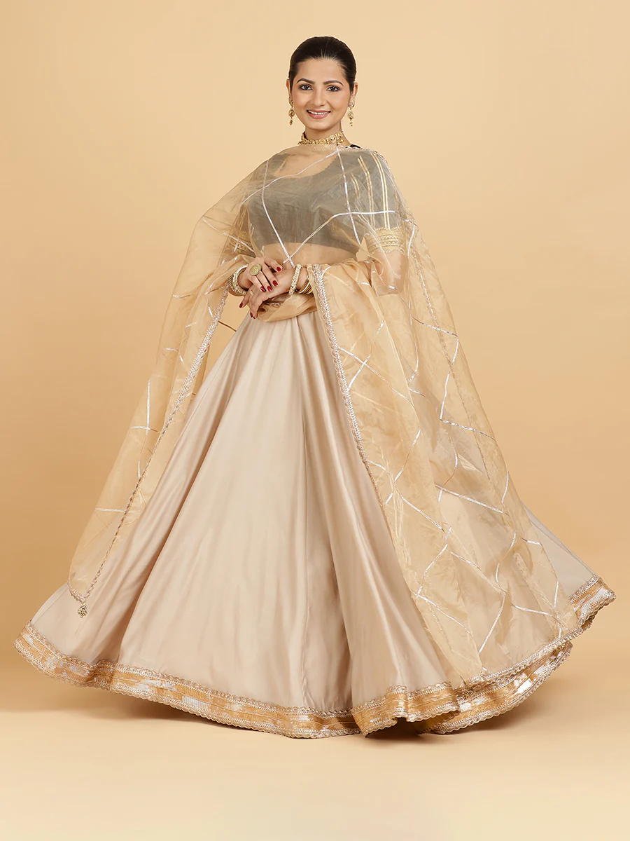 Zainab Aziza 4-Pc Lehenga Set x Tyohaar | Oyster Grey Lehenga, Charcoal Black Blouse with Sunheri Gold Dupatta and Cancan Skirt - Image 3