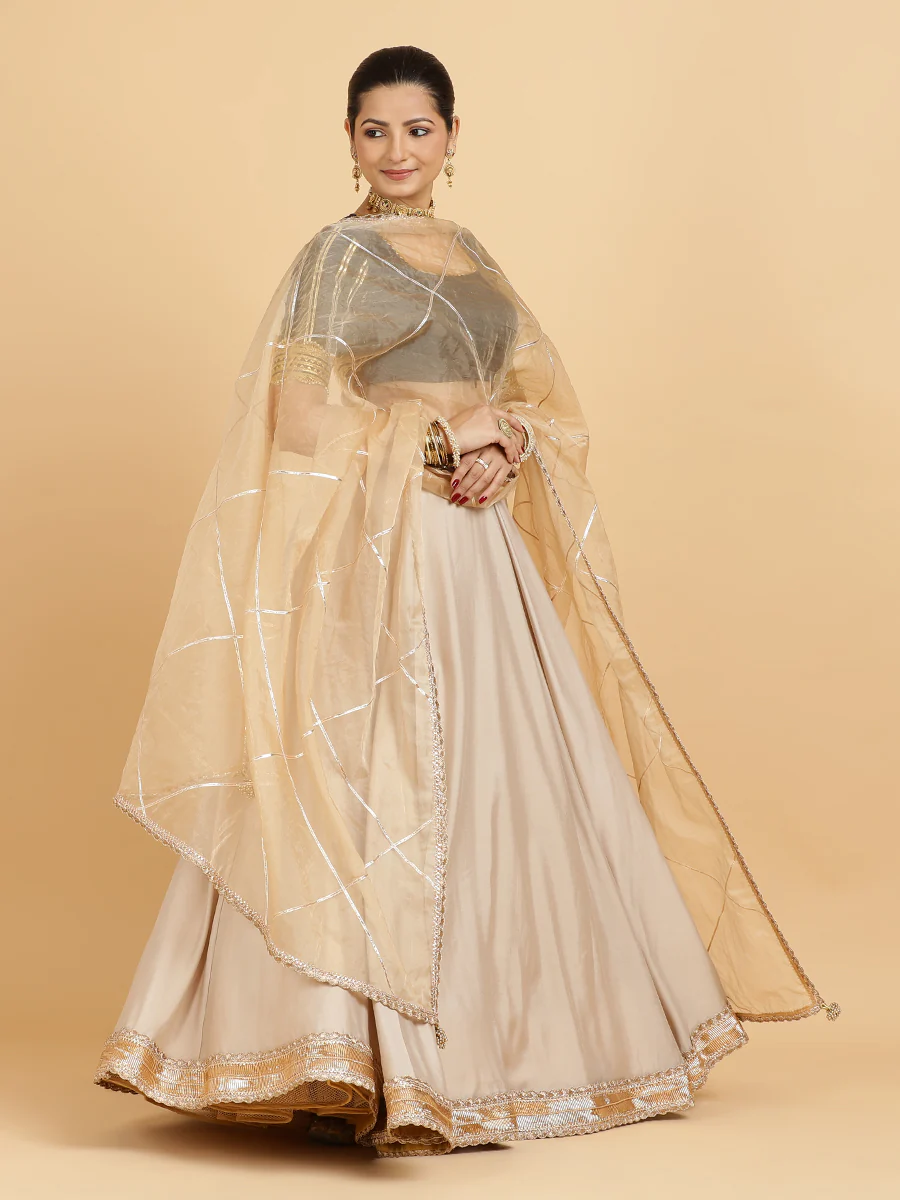 Zainab Aziza 4-Pc Lehenga Set x Tyohaar | Oyster Grey Lehenga, Charcoal Black Blouse with Sunheri Gold Dupatta and Cancan Skirt - Image 4