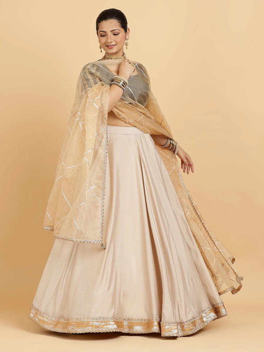 Zainab Aziza 4-Pc Lehenga Set x Tyohaar | Oyster Grey Lehenga, Charcoal Black Blouse with Sunheri Gold Dupatta and Cancan Skirt - Image 8