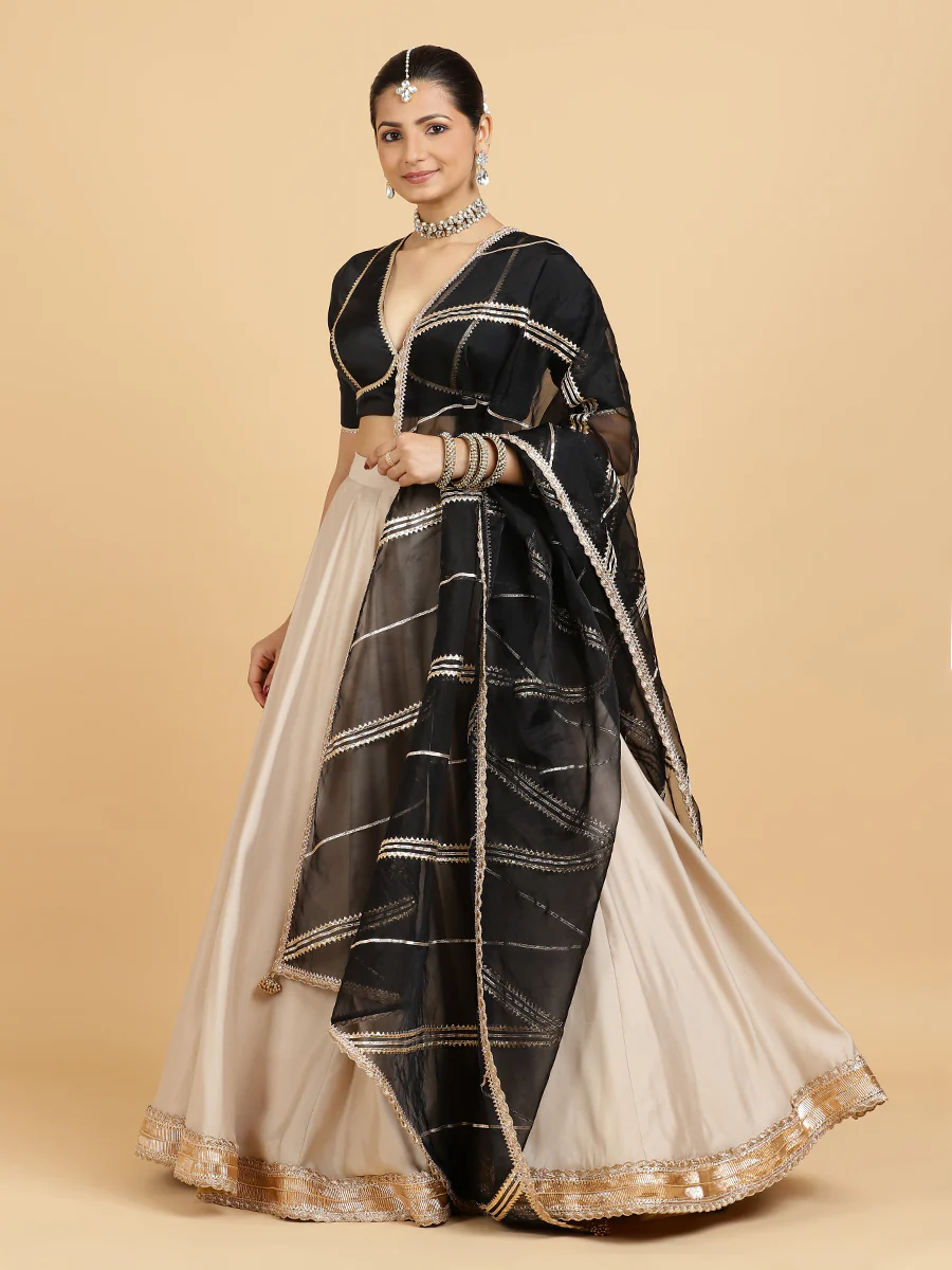 Zainab Zeenat 4-Pc Lehenga Set x Tyohaar | Oyster Grey Lehenga, Charcoal Black Blouse with Chandni Black Dupatta and Cancan Skirt - Image 4
