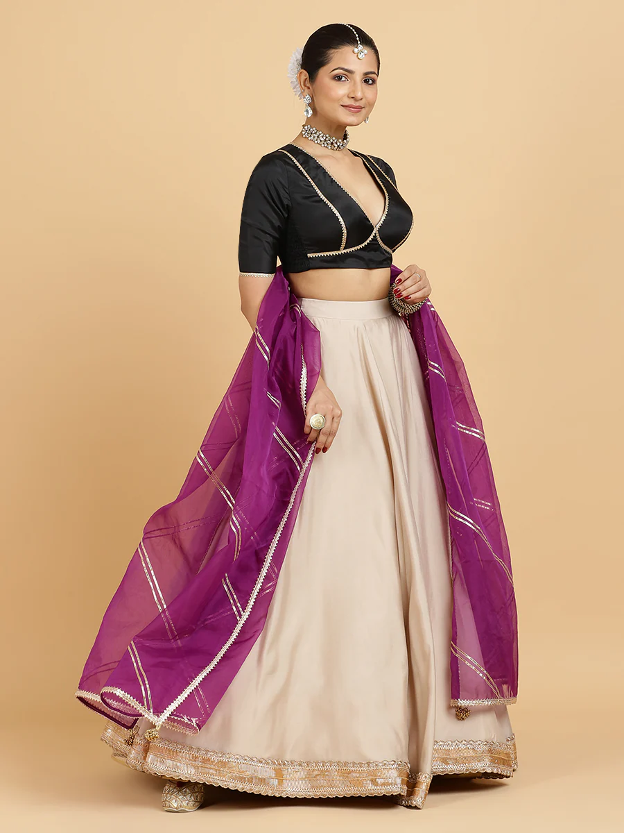 Zainab Zeenat 4-Pc Lehenga Set x Tyohaar | Oyster Grey Lehenga, Charcoal Black Blouse with Falak Purple Dupatta and Cancan Skirt - Image 5