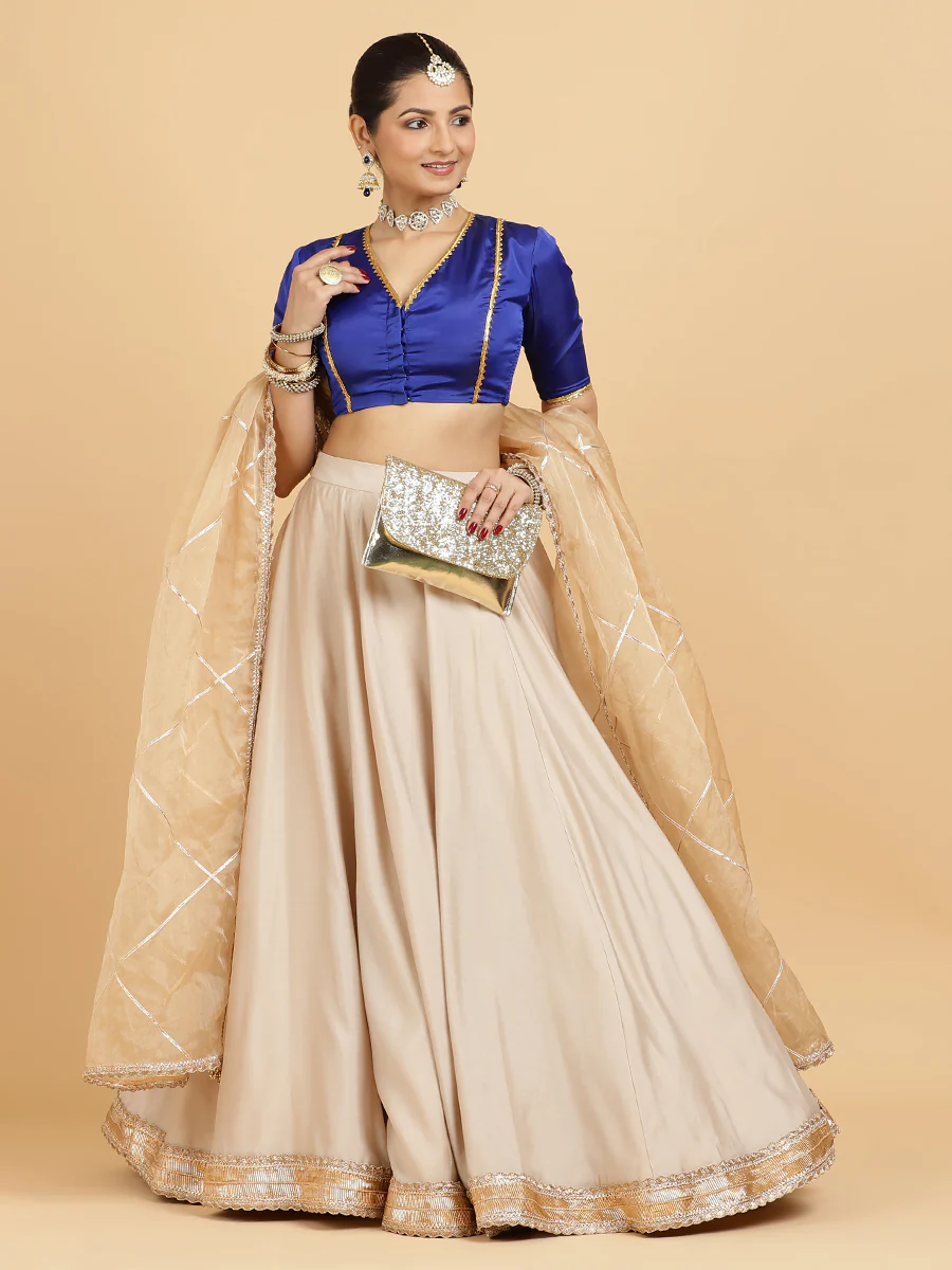 Zainab Begum 4-Pc Lehenga Set x Tyohaar | Oyster Grey Lehenga, Cobalt Blue Blouse with Sunheri Gold Dupatta and Cancan Skirt - Image 11