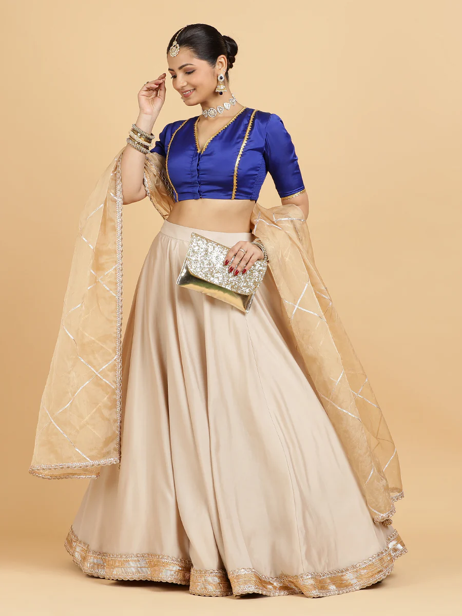 Zainab Begum 4-Pc Lehenga Set x Tyohaar | Oyster Grey Lehenga, Cobalt Blue Blouse with Sunheri Gold Dupatta and Cancan Skirt - Image 12