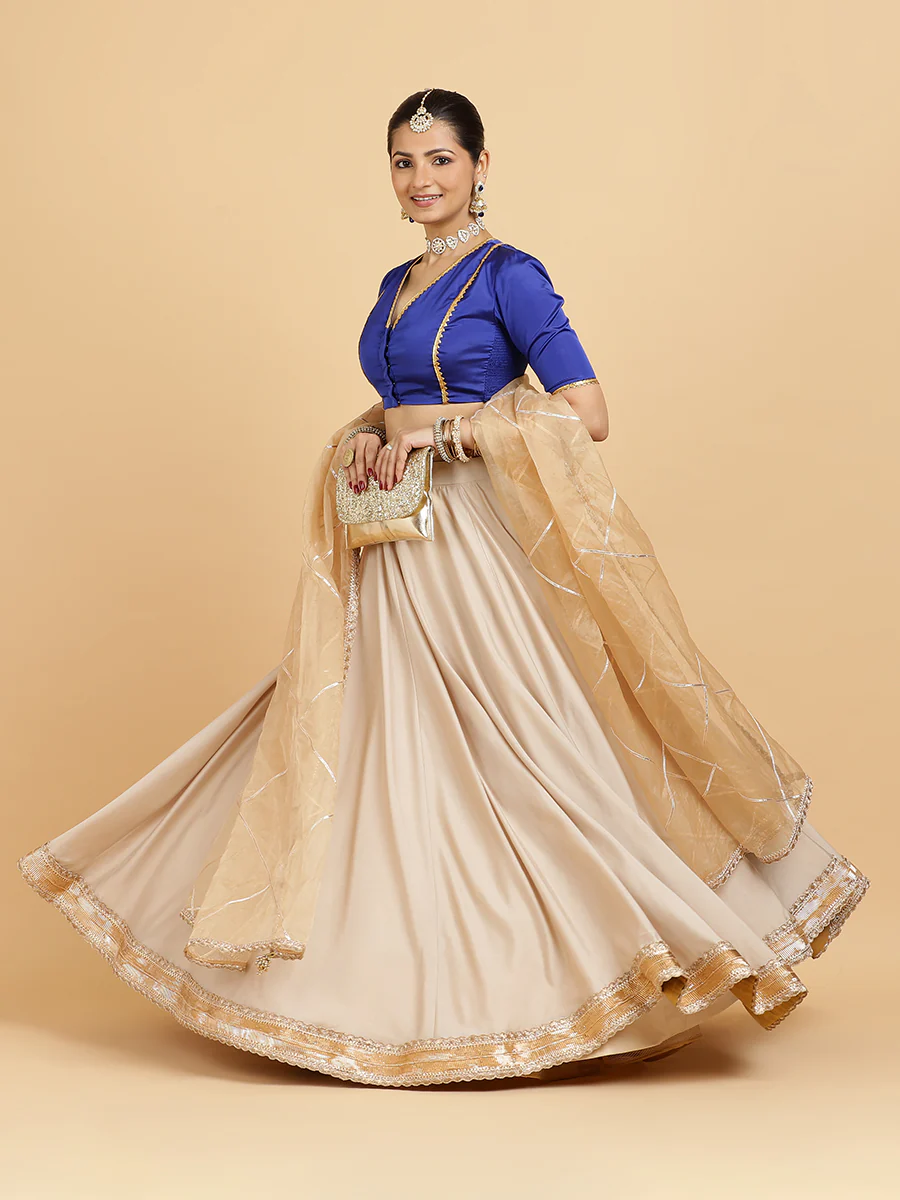 Zainab Begum 4-Pc Lehenga Set x Tyohaar | Oyster Grey Lehenga, Cobalt Blue Blouse with Sunheri Gold Dupatta and Cancan Skirt - Image 5