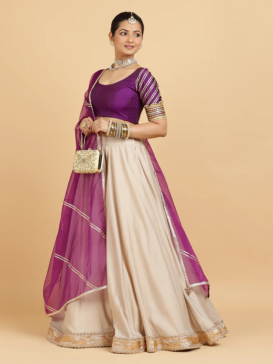 Zainab Anisha 4-Pc Lehenga Set x Tyohaar | Oyster Grey Lehenga, Purple Blouse with Falak Purple Dupatta and Cancan Skirt - Image 7