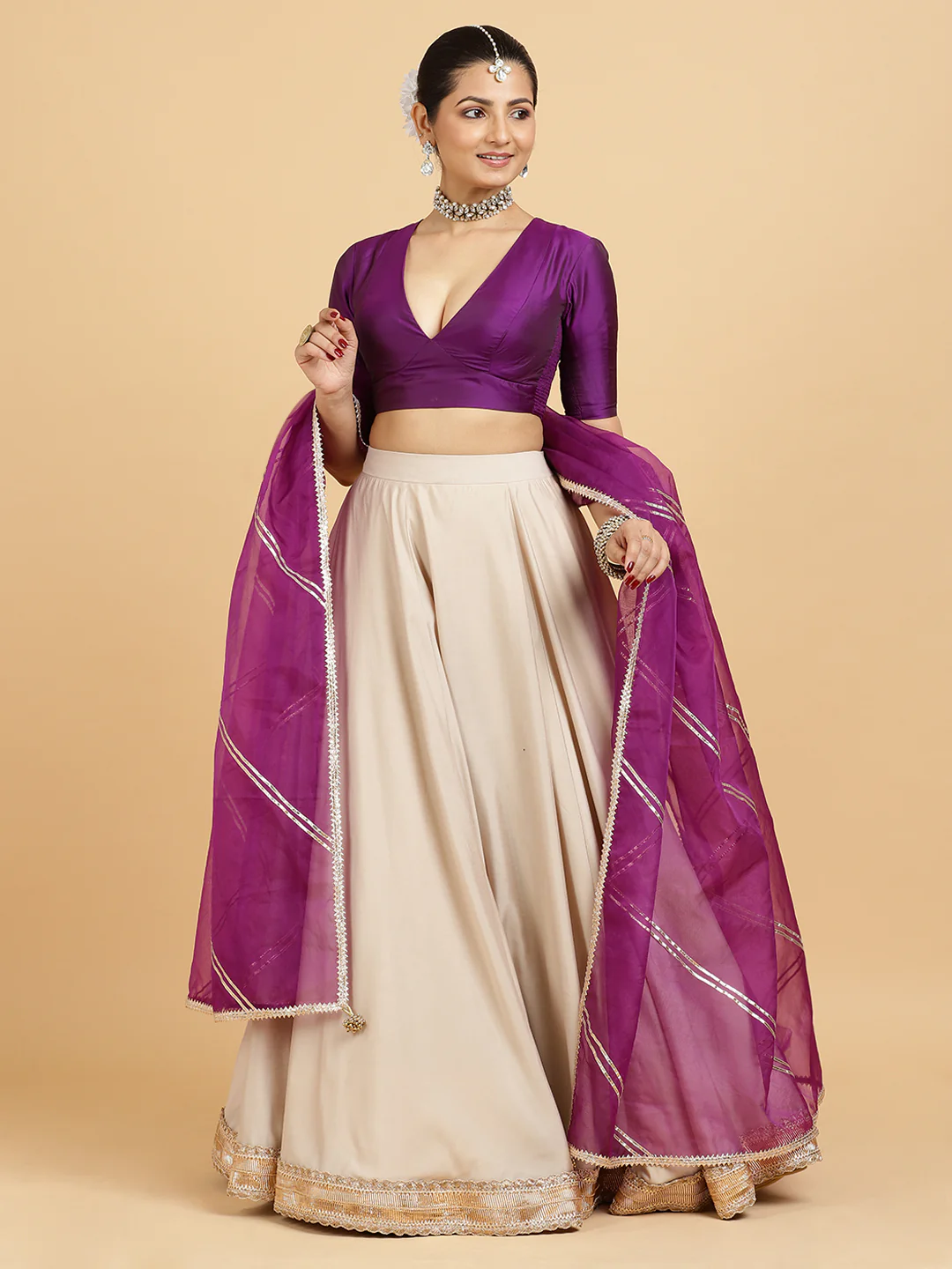 Zainab Zeenat 4-Pc Lehenga Set x Tyohaar | Oyster Grey Lehenga, Purple Blouse with Falak Purple Dupatta and Cancan Skirt - Image 3