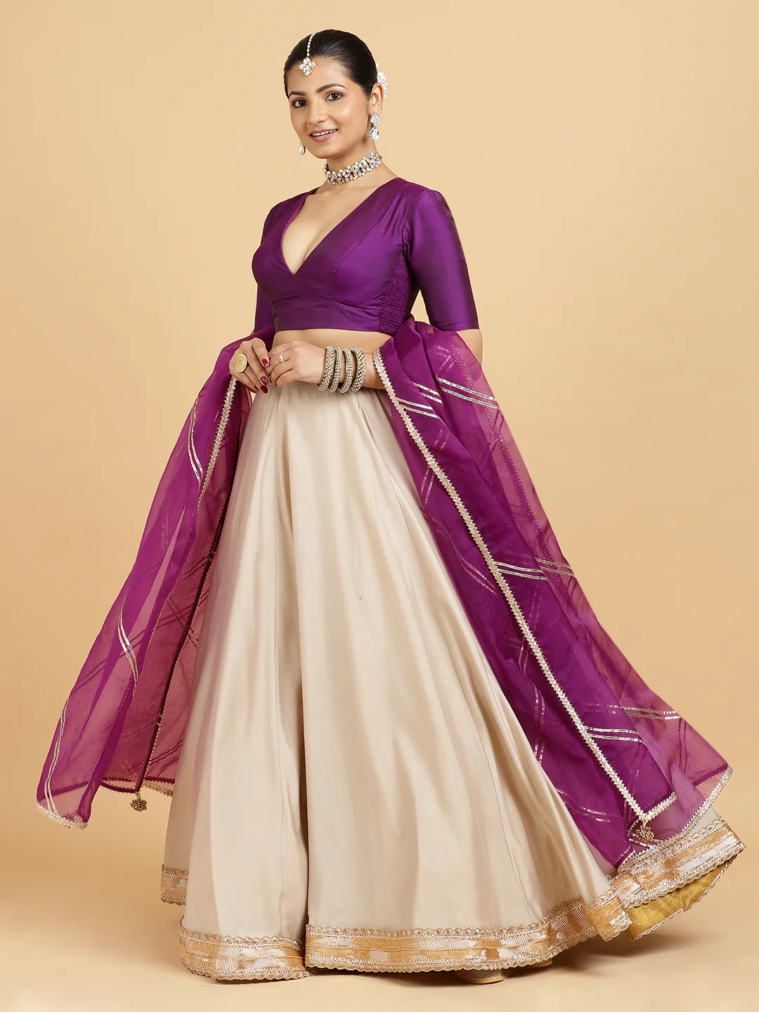 Zainab Zeenat 4-Pc Lehenga Set x Tyohaar | Oyster Grey Lehenga, Purple Blouse with Falak Purple Dupatta and Cancan Skirt - Image 4