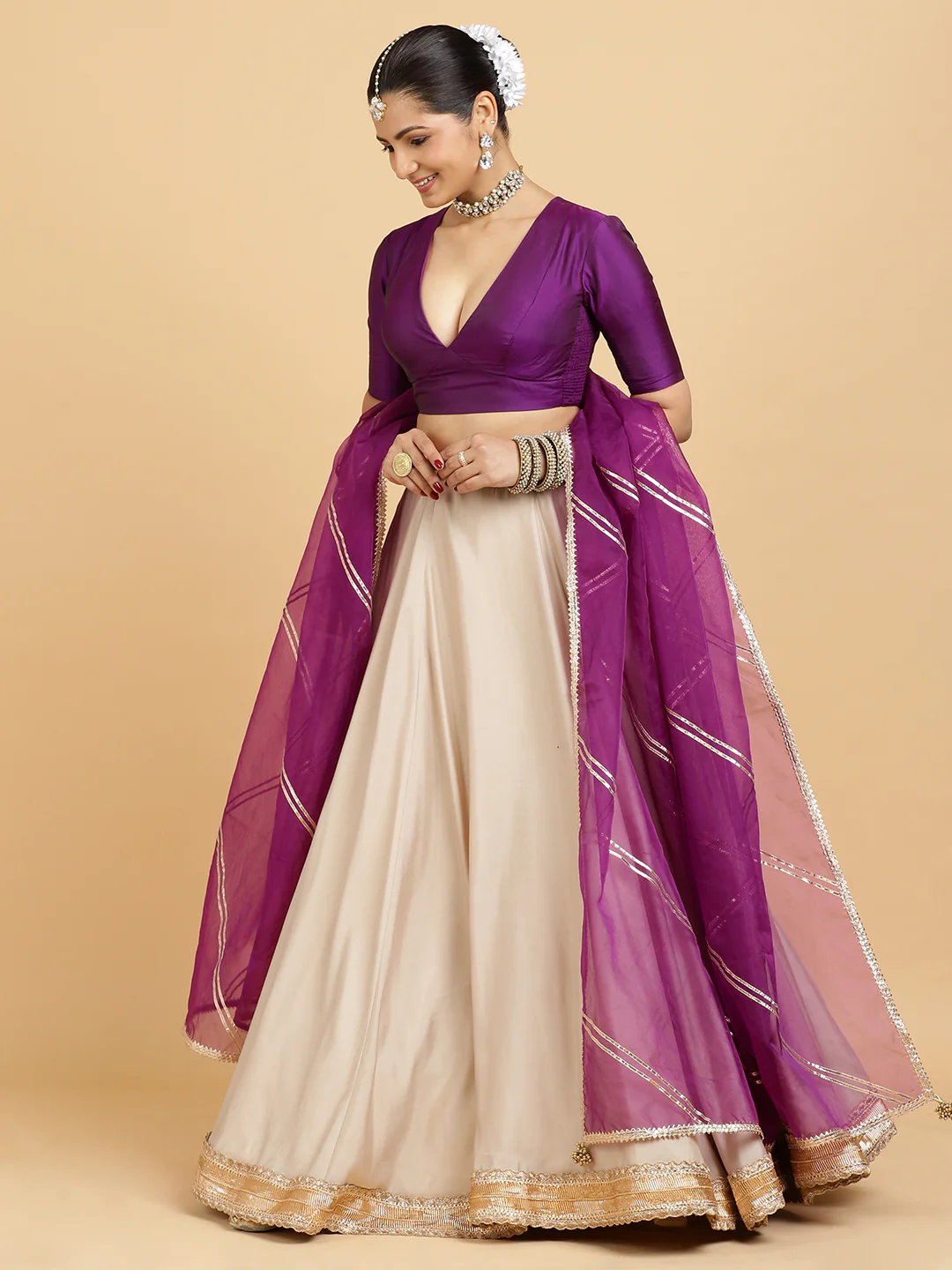 Zainab Zeenat 4-Pc Lehenga Set x Tyohaar | Oyster Grey Lehenga, Purple Blouse with Falak Purple Dupatta and Cancan Skirt - Image 5