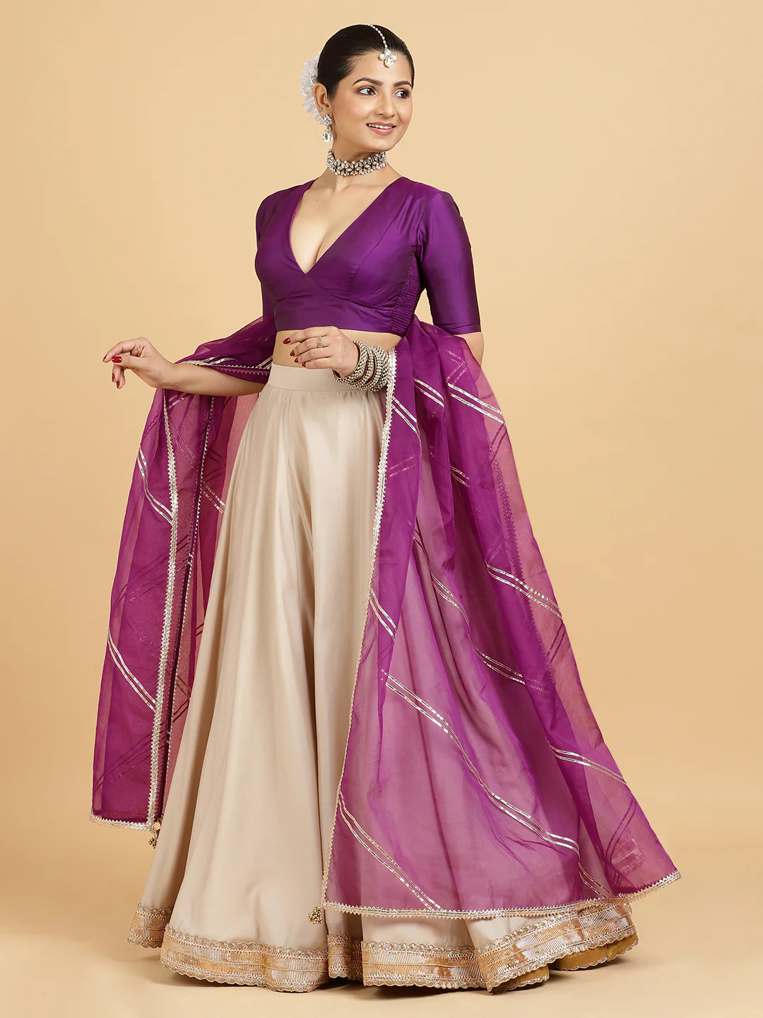 Zainab Zeenat 4-Pc Lehenga Set x Tyohaar | Oyster Grey Lehenga, Purple Blouse with Falak Purple Dupatta and Cancan Skirt - Image 6