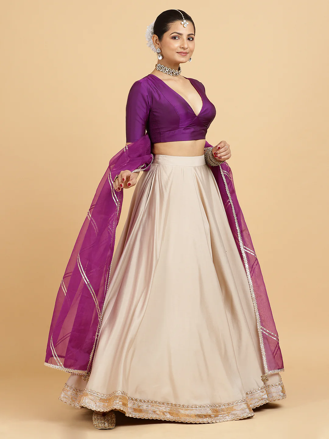 Zainab Zeenat 4-Pc Lehenga Set x Tyohaar | Oyster Grey Lehenga, Purple Blouse with Falak Purple Dupatta and Cancan Skirt - Image 7