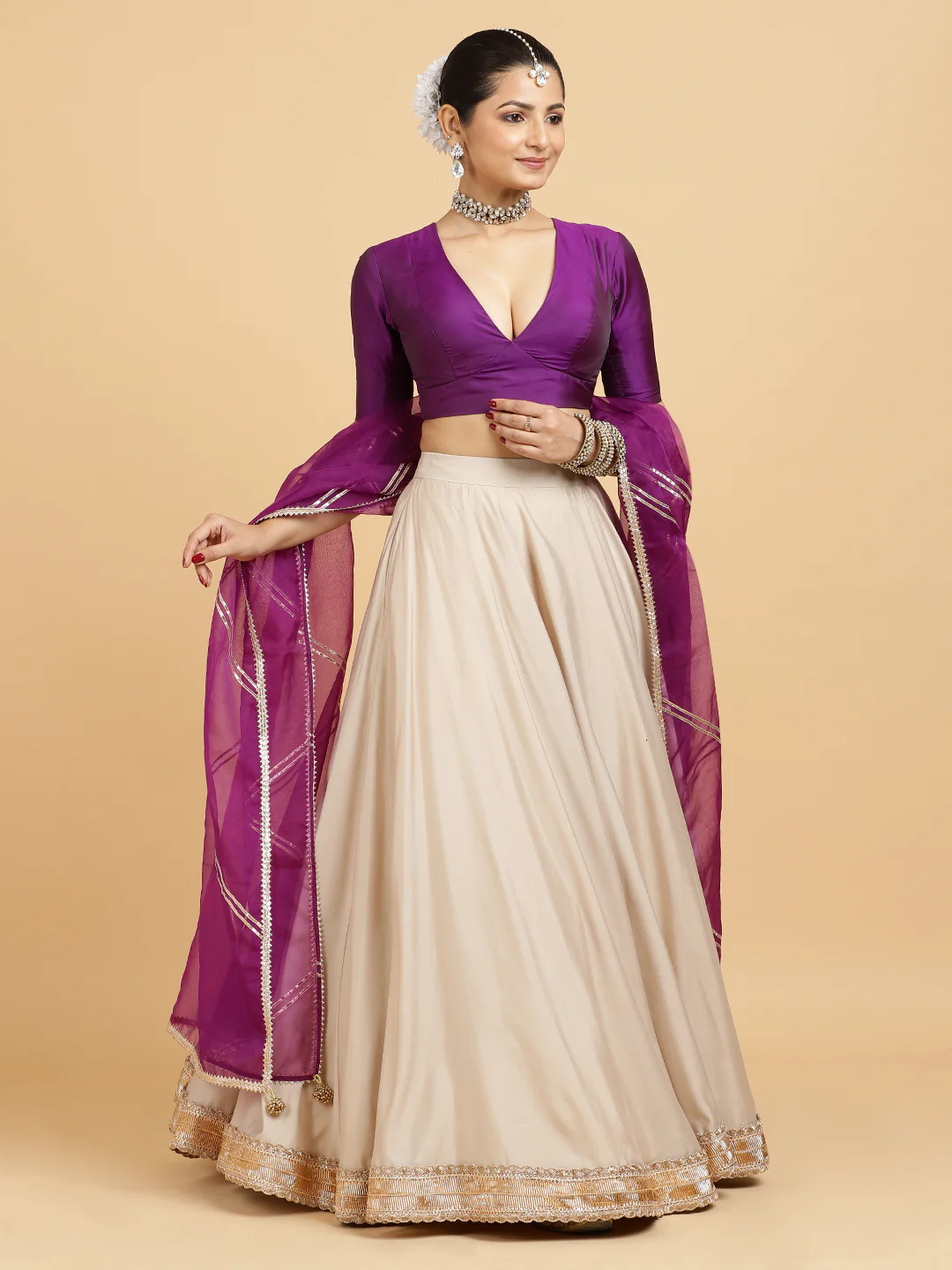 Zainab Zeenat 4-Pc Lehenga Set x Tyohaar | Oyster Grey Lehenga, Purple Blouse with Falak Purple Dupatta and Cancan Skirt - Image 8