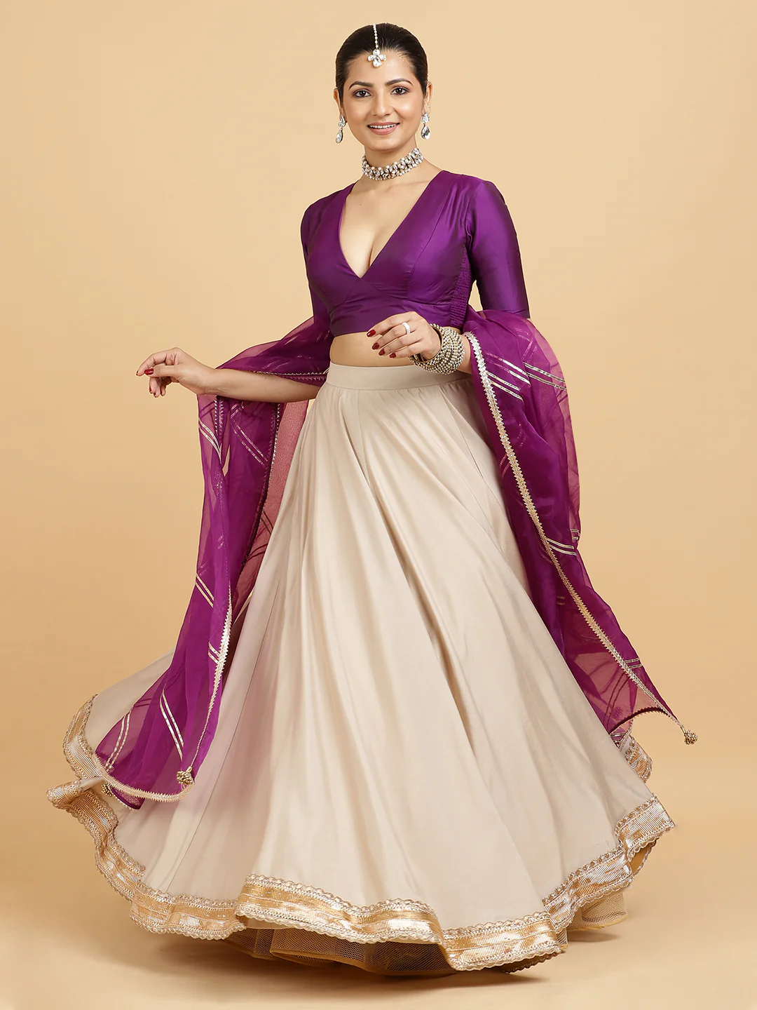 Zainab Zeenat 4-Pc Lehenga Set x Tyohaar | Oyster Grey Lehenga, Purple Blouse with Falak Purple Dupatta and Cancan Skirt - Image 9