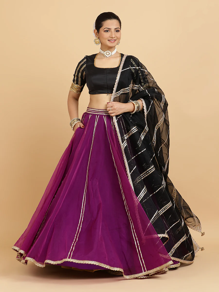 Heer Aziza 4-Pc Lehenga Set x Tyohaar | Purple Lehenga, Charcoal Black Blouse with Chandni Black Dupatta and Cancan Skirt - Image 7