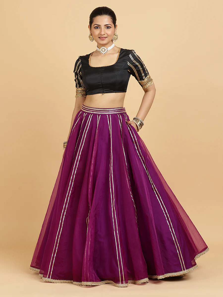 Heer Aziza 4-Pc Lehenga Set x Tyohaar | Purple Lehenga, Charcoal Black Blouse with Falak Purple Dupatta and Cancan Skirt - Image 12