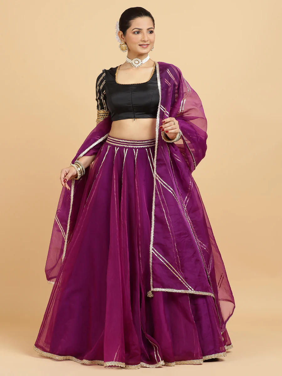Heer Aziza 4-Pc Lehenga Set x Tyohaar | Purple Lehenga, Charcoal Black Blouse with Falak Purple Dupatta and Cancan Skirt - Image 3