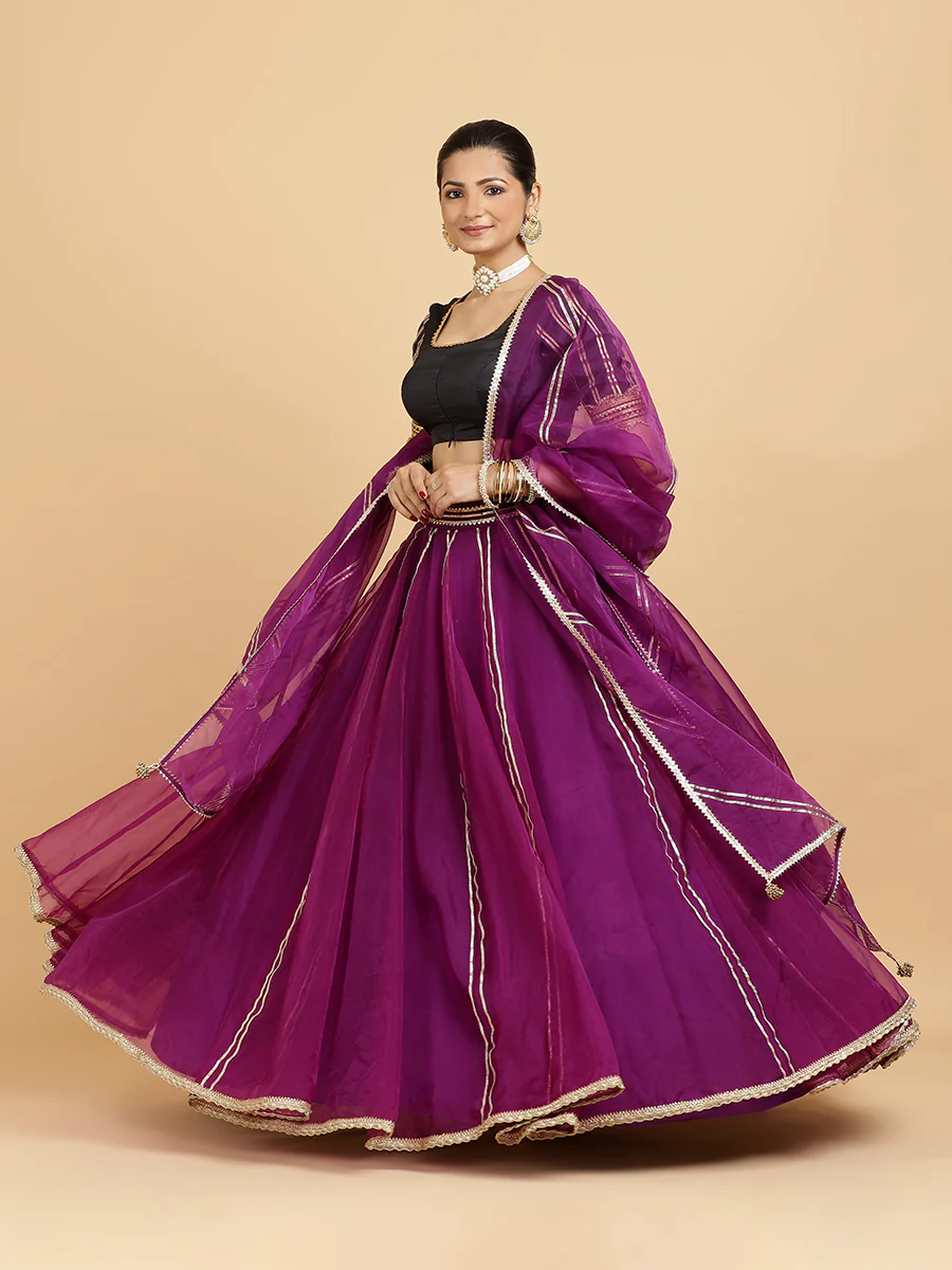 Heer Aziza 4-Pc Lehenga Set x Tyohaar | Purple Lehenga, Charcoal Black Blouse with Falak Purple Dupatta and Cancan Skirt - Image 8