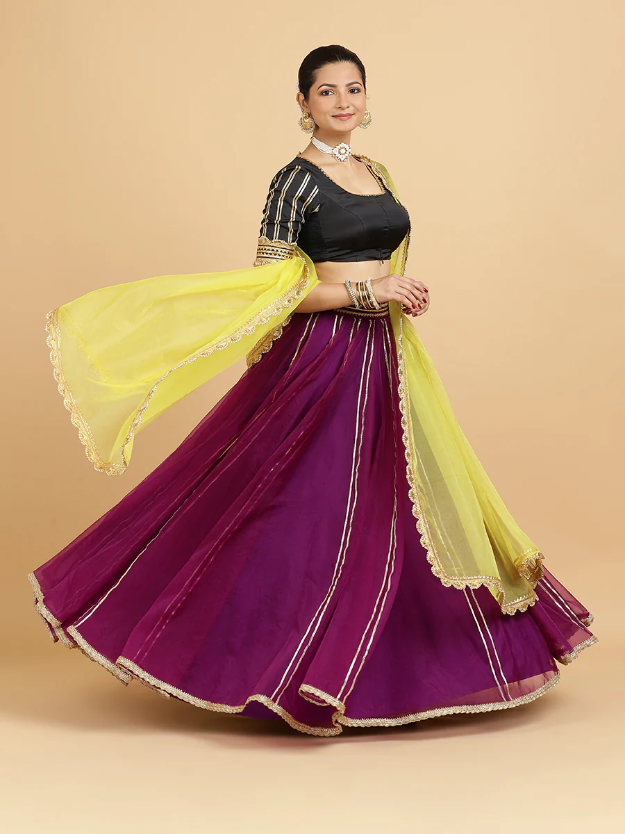 Heer Aziza 4-Pc Lehenga Set x Tyohaar | Purple Lehenga, Charcoal Black Blouse with Saher Lemon Yellow Dupatta and Cancan Skirt - Image 6
