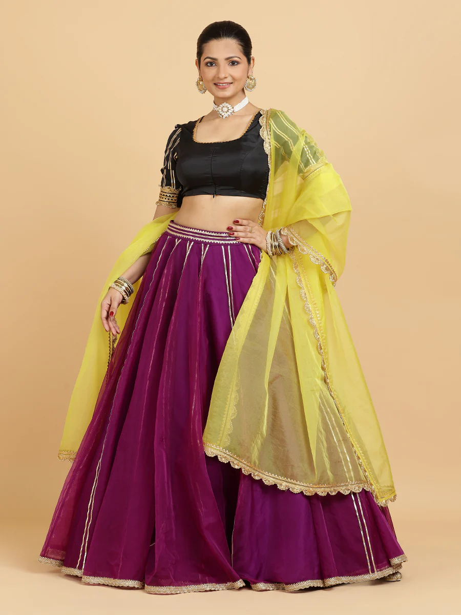 Heer Aziza 4-Pc Lehenga Set x Tyohaar | Purple Lehenga, Charcoal Black Blouse with Saher Lemon Yellow Dupatta and Cancan Skirt - Image 9