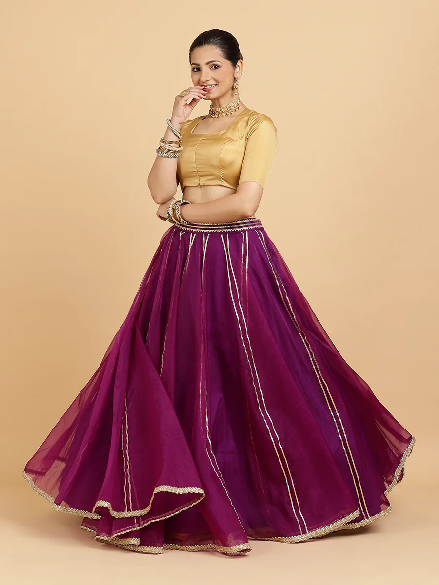 Heer Aziza 4-Pc Lehenga Set x Tyohaar | Purple Lehenga, Gold Blouse with Falak Purple Dupatta and Cancan Skirt - Image 12