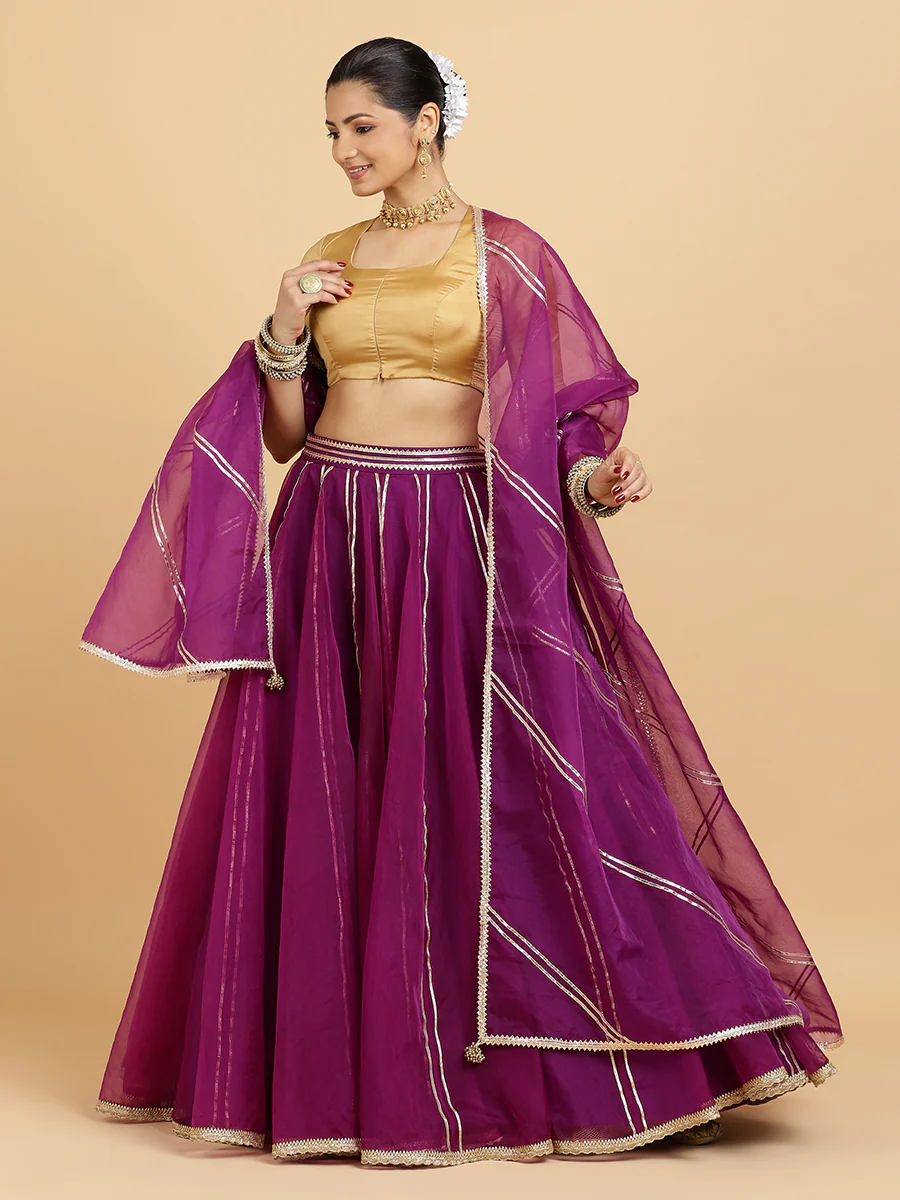 Heer Aziza 4-Pc Lehenga Set x Tyohaar | Purple Lehenga, Gold Blouse with Falak Purple Dupatta and Cancan Skirt - Image 5