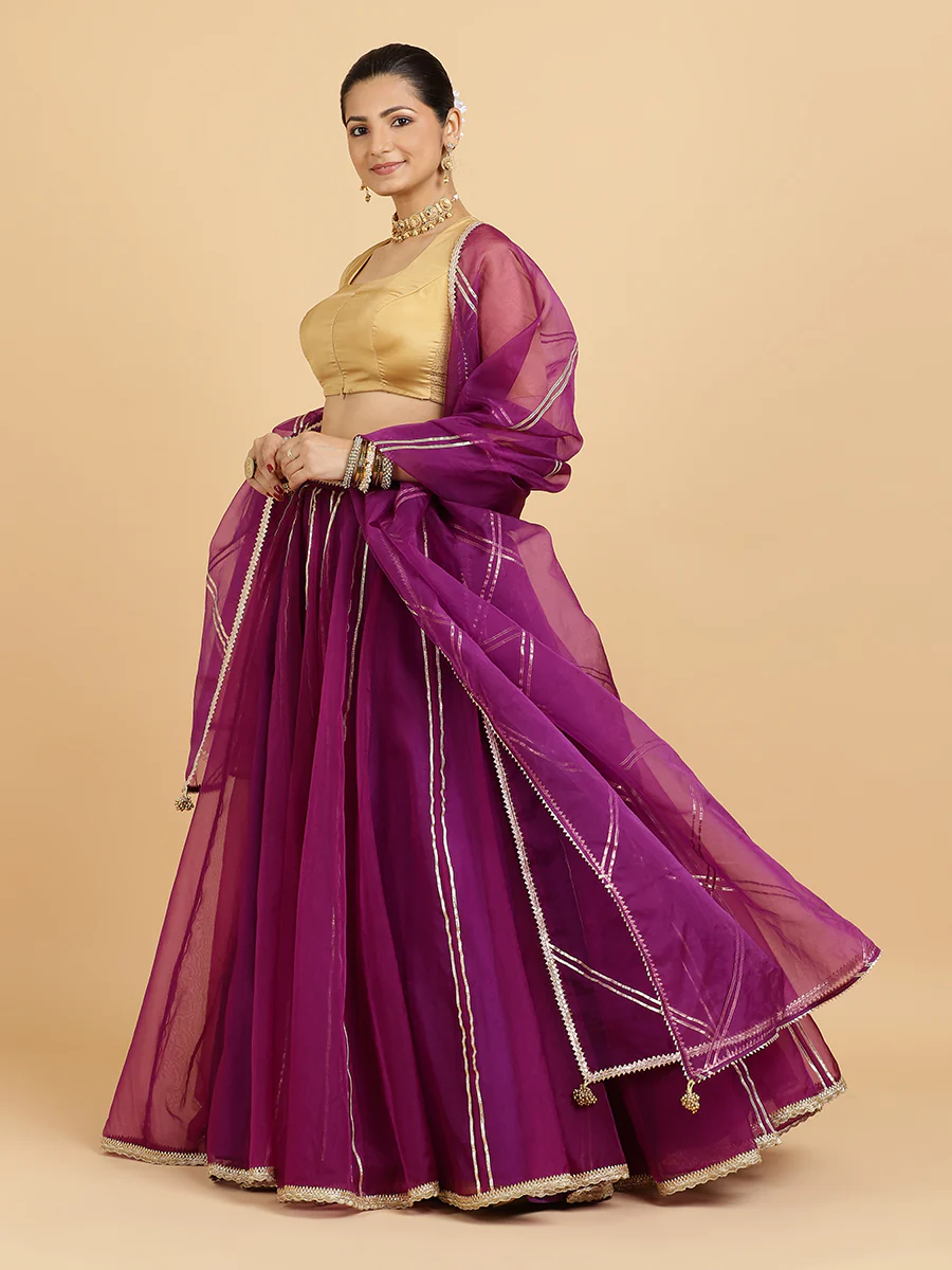 Heer Aziza 4-Pc Lehenga Set x Tyohaar | Purple Lehenga, Gold Blouse with Falak Purple Dupatta and Cancan Skirt - Image 6