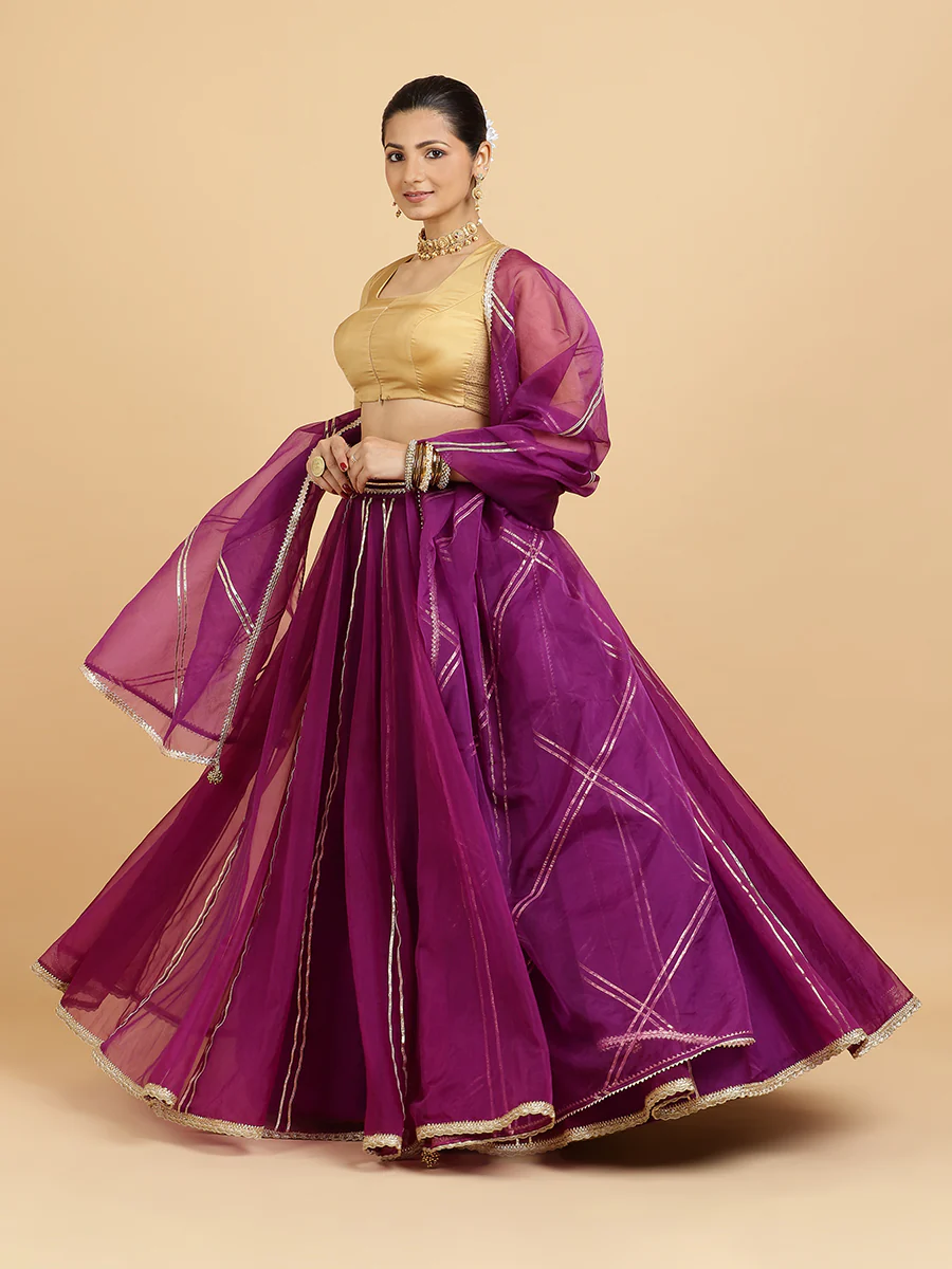 Heer Aziza 4-Pc Lehenga Set x Tyohaar | Purple Lehenga, Gold Blouse with Falak Purple Dupatta and Cancan Skirt - Image 7