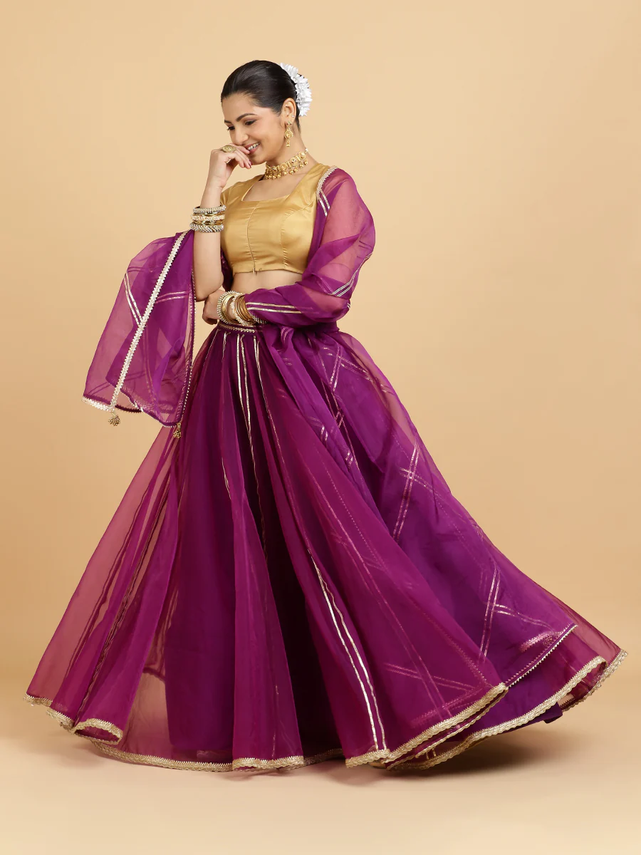 Heer Aziza 4-Pc Lehenga Set x Tyohaar | Purple Lehenga, Gold Blouse with Falak Purple Dupatta and Cancan Skirt - Image 8