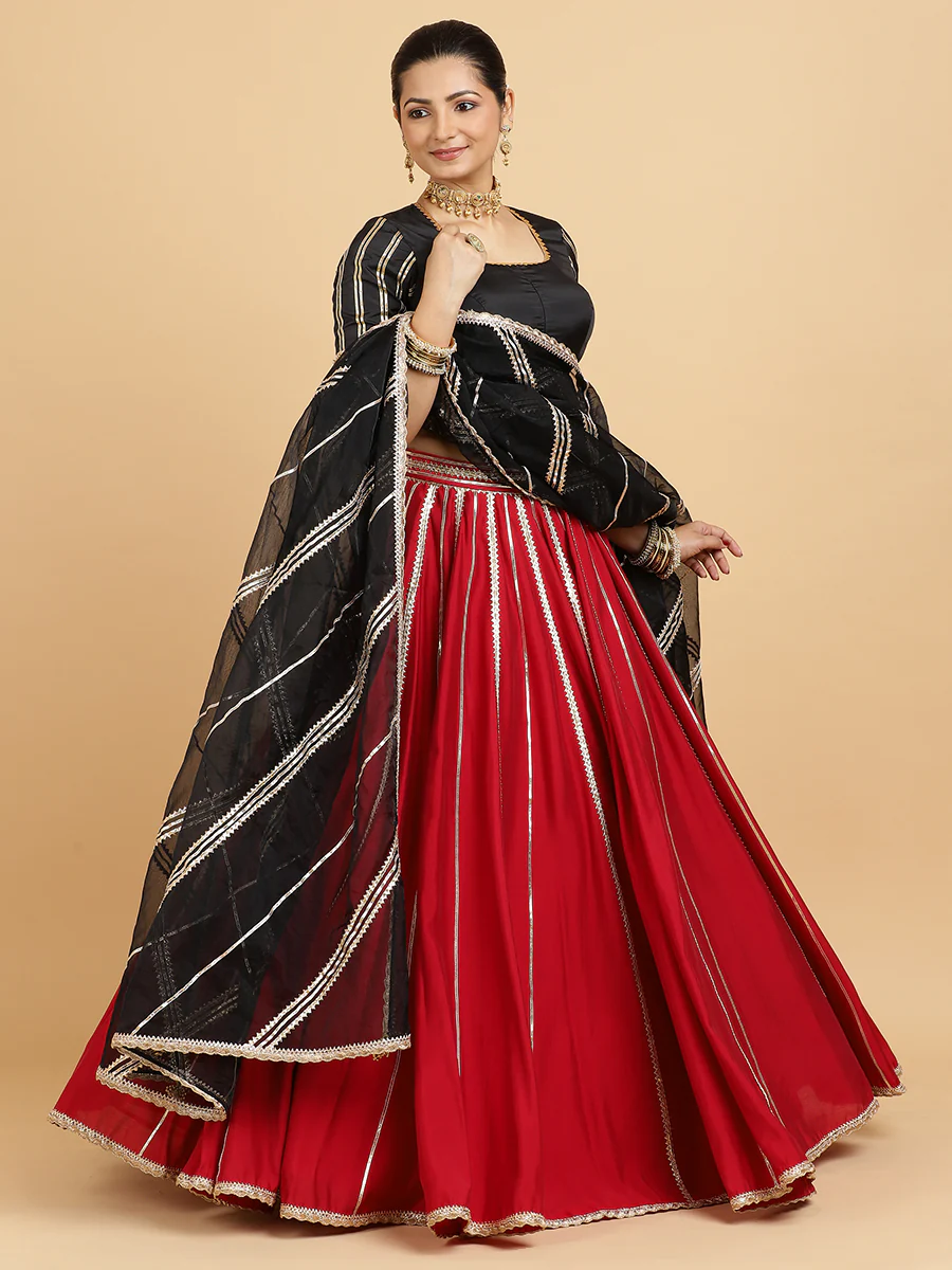 Madhuri Aziza 4-Pc Lehenga Set x Tyohaar | Red Lehenga, Charcoal Black Blouse with Chandni Black Dupatta and Cancan Skirt - Image 5
