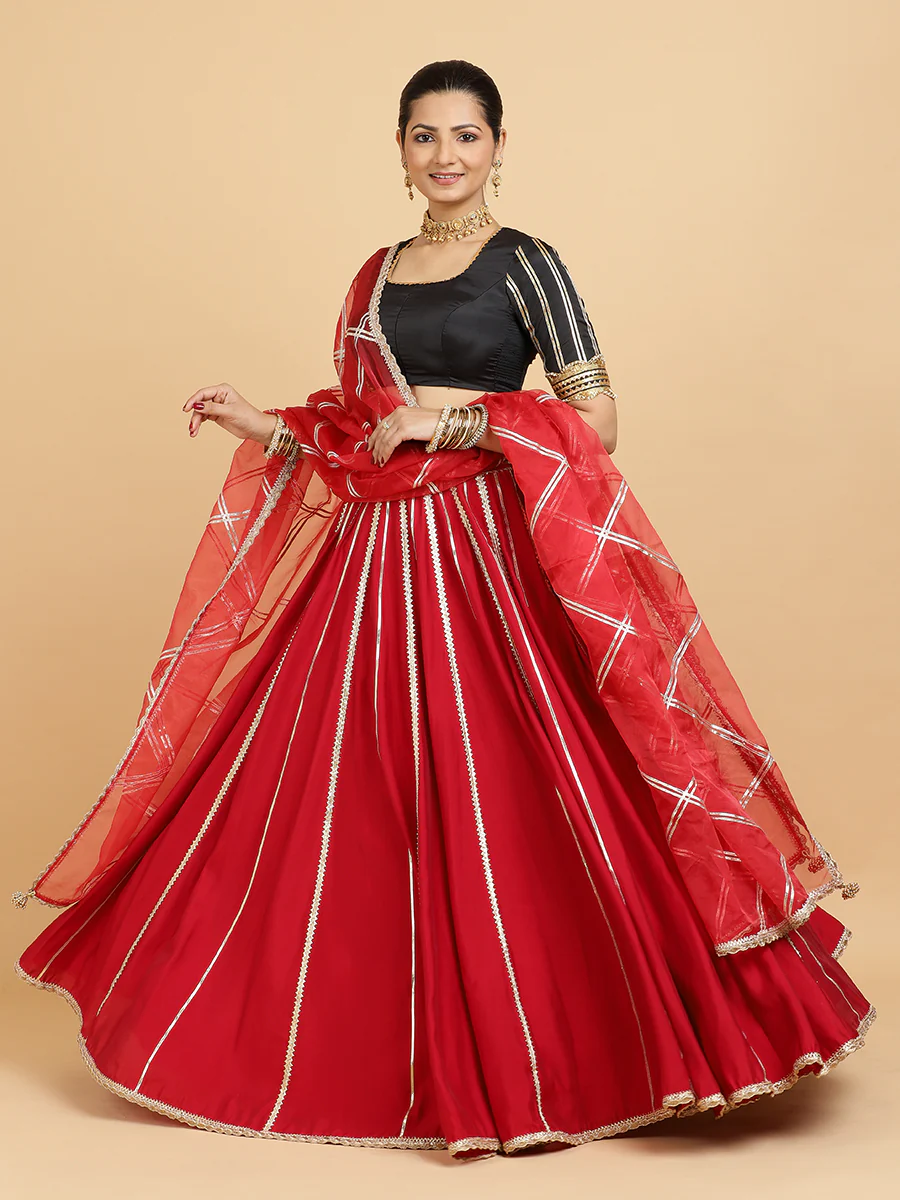 Madhuri Aziza 4-Pc Lehenga Set x Tyohaar | Red Lehenga, Charcoal Black Blouse with Leela Red Dupatta and Cancan Skirt - Image 6