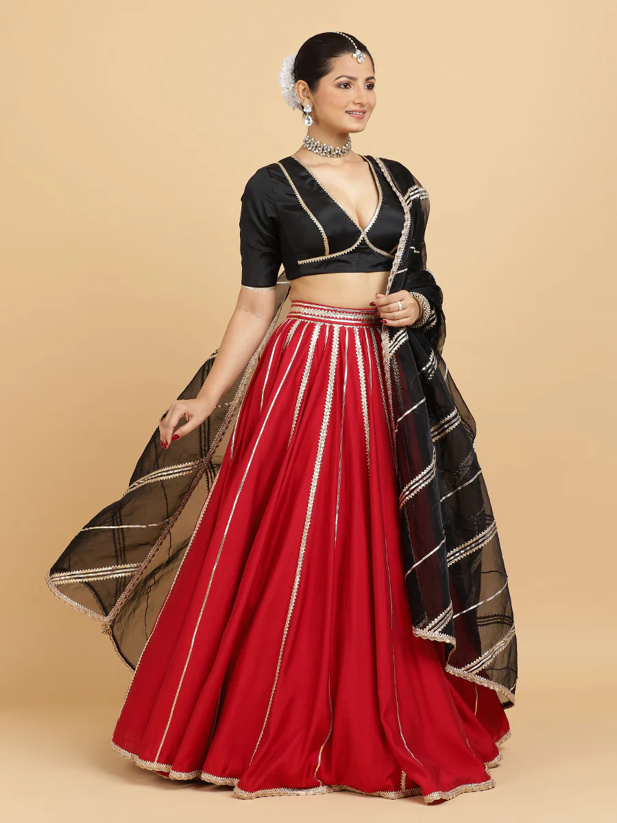 Madhuri Zeenat 4-Pc Lehenga Set x Tyohaar | Red Lehenga, Charcoal Black Blouse with Chandni Black Dupatta and Cancan Skirt - Image 15