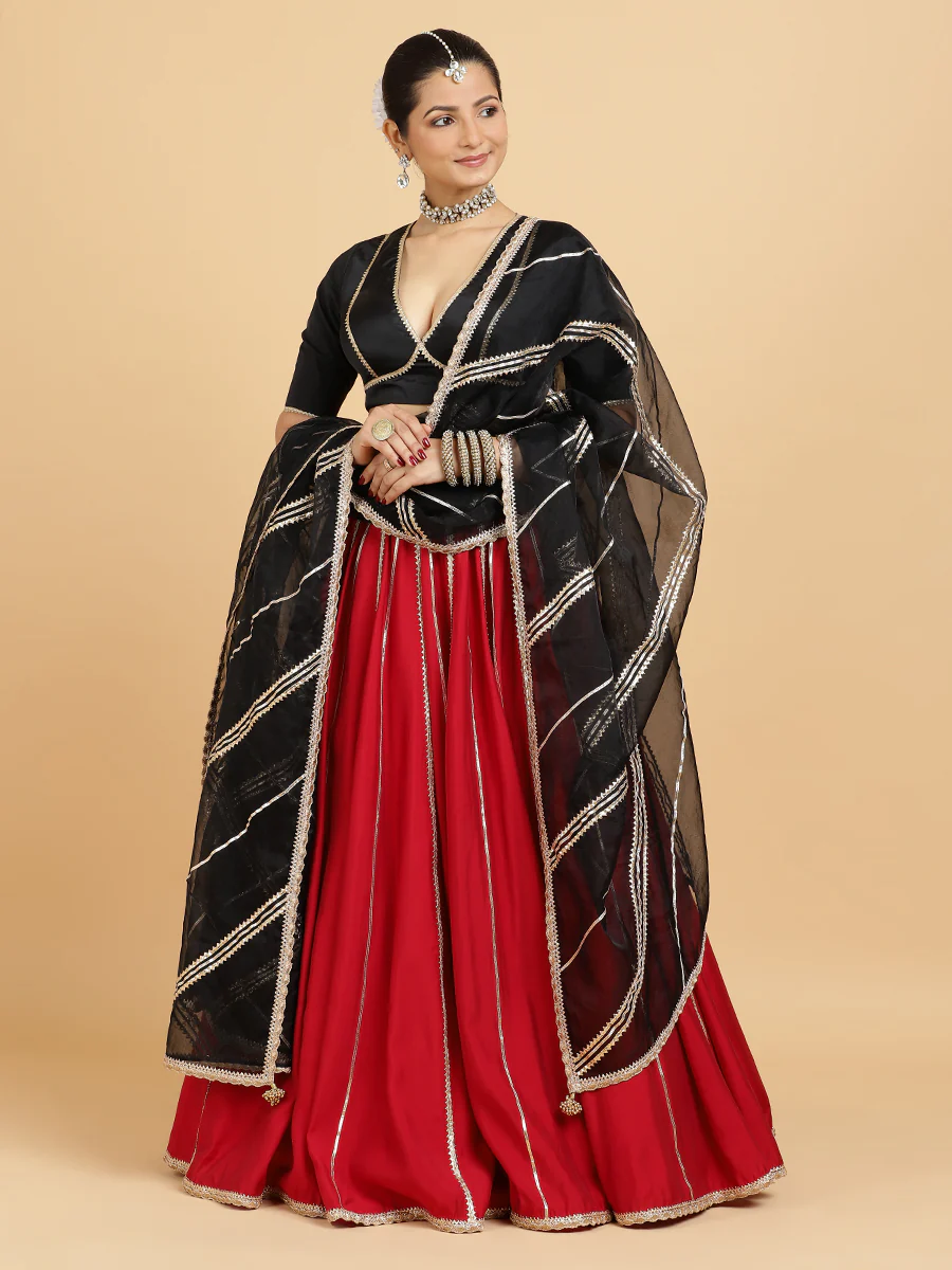 Madhuri Zeenat 4-Pc Lehenga Set x Tyohaar | Red Lehenga, Charcoal Black Blouse with Chandni Black Dupatta and Cancan Skirt - Image 22
