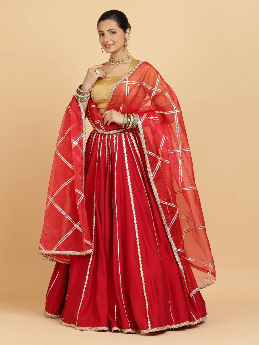 Madhuri Aziza 4-Pc Lehenga Set x Tyohaar | Red Lehenga, Gold Blouse with Leela Red Dupatta and Cancan Skirt - Image 4