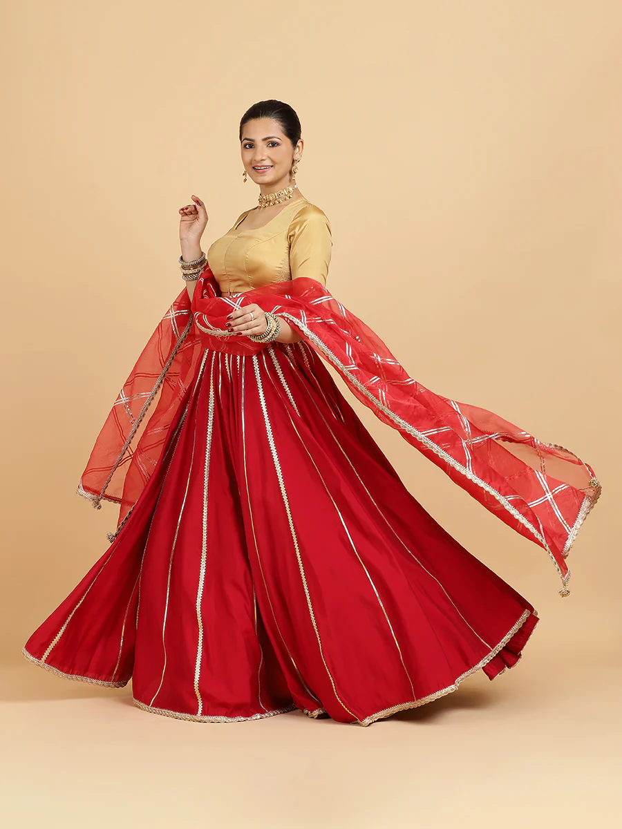 Madhuri Aziza 4-Pc Lehenga Set x Tyohaar | Red Lehenga, Gold Blouse with Leela Red Dupatta and Cancan Skirt - Image 9