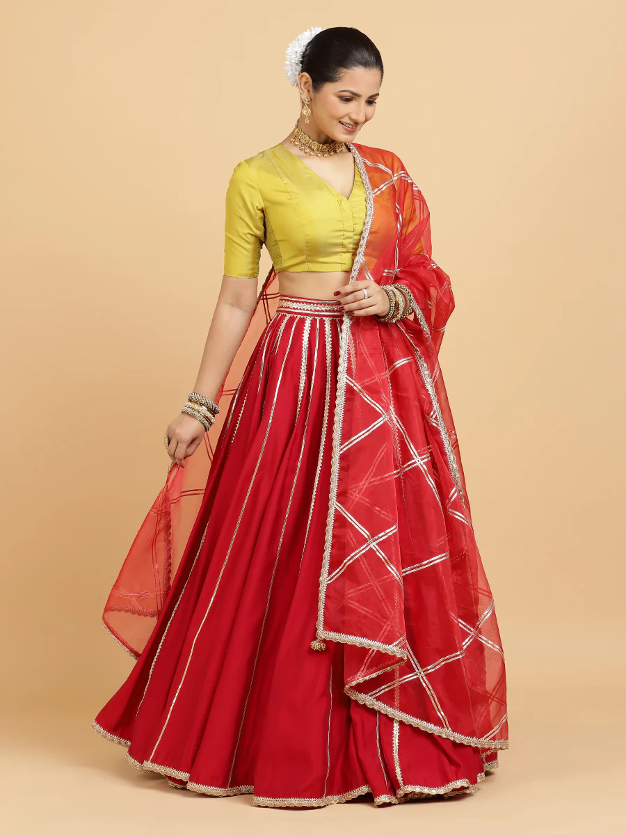 Madhuri Begum 4-Pc Lehenga Set x Tyohaar | Red Lehenga, Lemon Yellow Blouse with Leela Red Dupatta and Cancan Skirt - Image 4