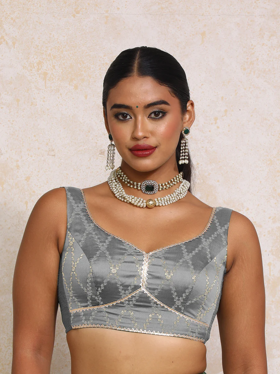 Rivana x Tyohaar | Sleeveless Gilded Grey Vine Mesh Brocade Saree Blouse - Image 4