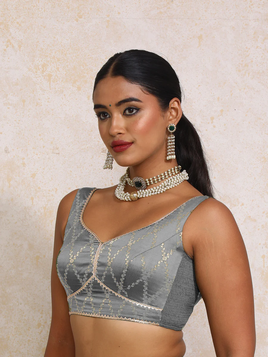 Rivana x Tyohaar | Sleeveless Gilded Grey Vine Mesh Brocade Saree Blouse - Image 6
