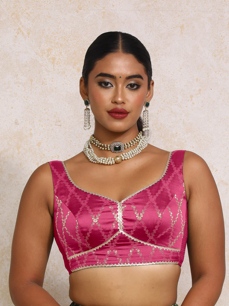 Rivana x Tyohaar | Sleeveless Rosy Pink Vine Mesh Brocade Saree Blouse