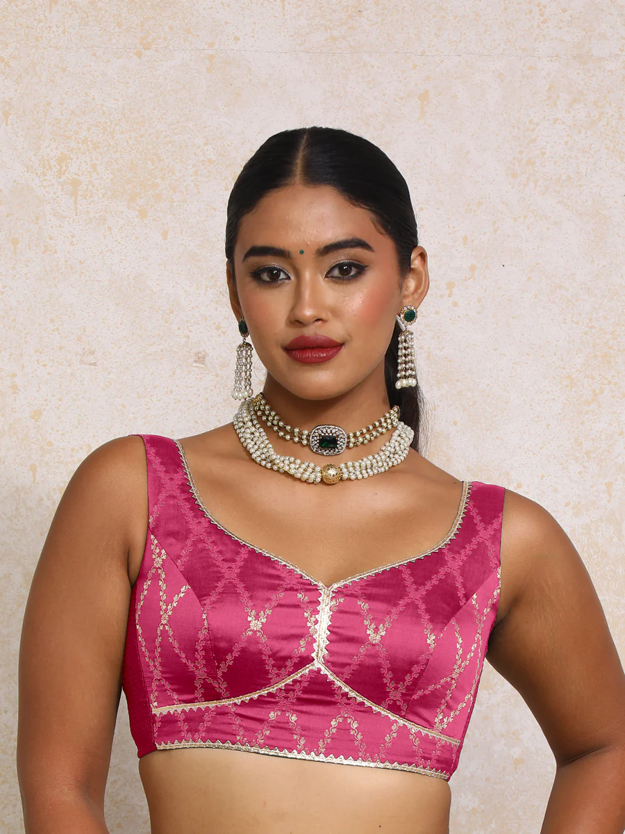 Rivana x Tyohaar | Sleeveless Rosy Pink Vine Mesh Brocade Saree Blouse - Image 6