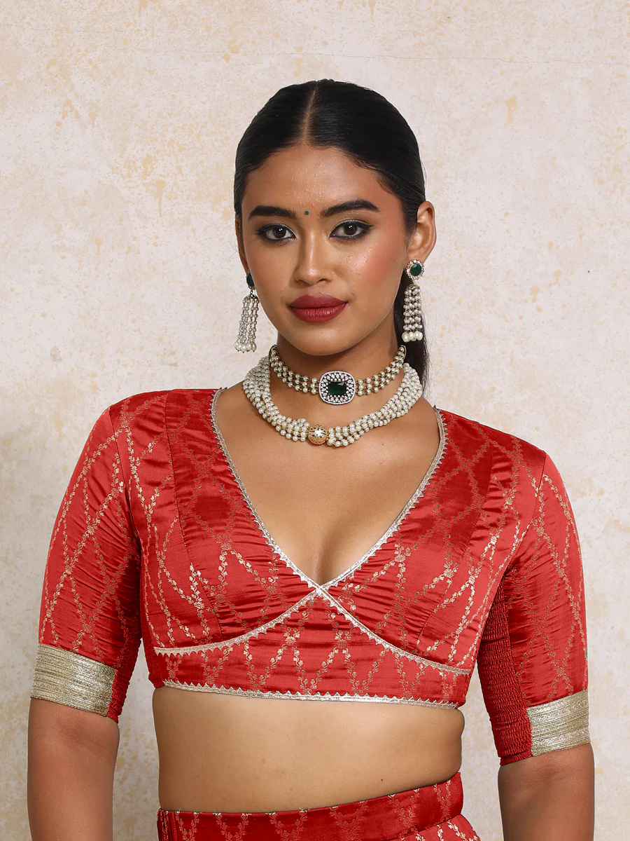Rivya x Tyohaar | Elbow Sleeves Berry Red Vine Mesh Brocade Saree Blouse - Image 6